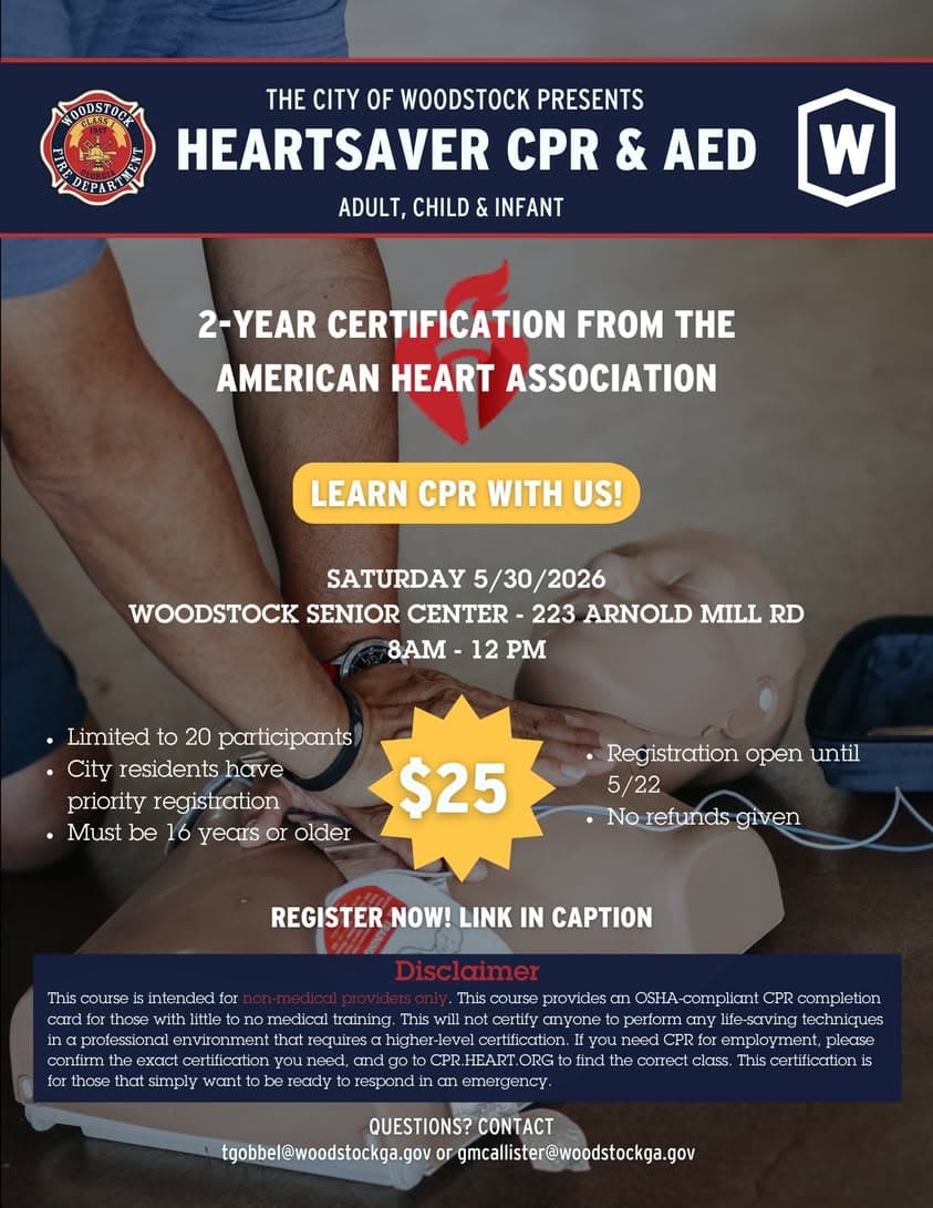 Woodstock Fire Department Offering $25 CPR/AED Certification Course May 30