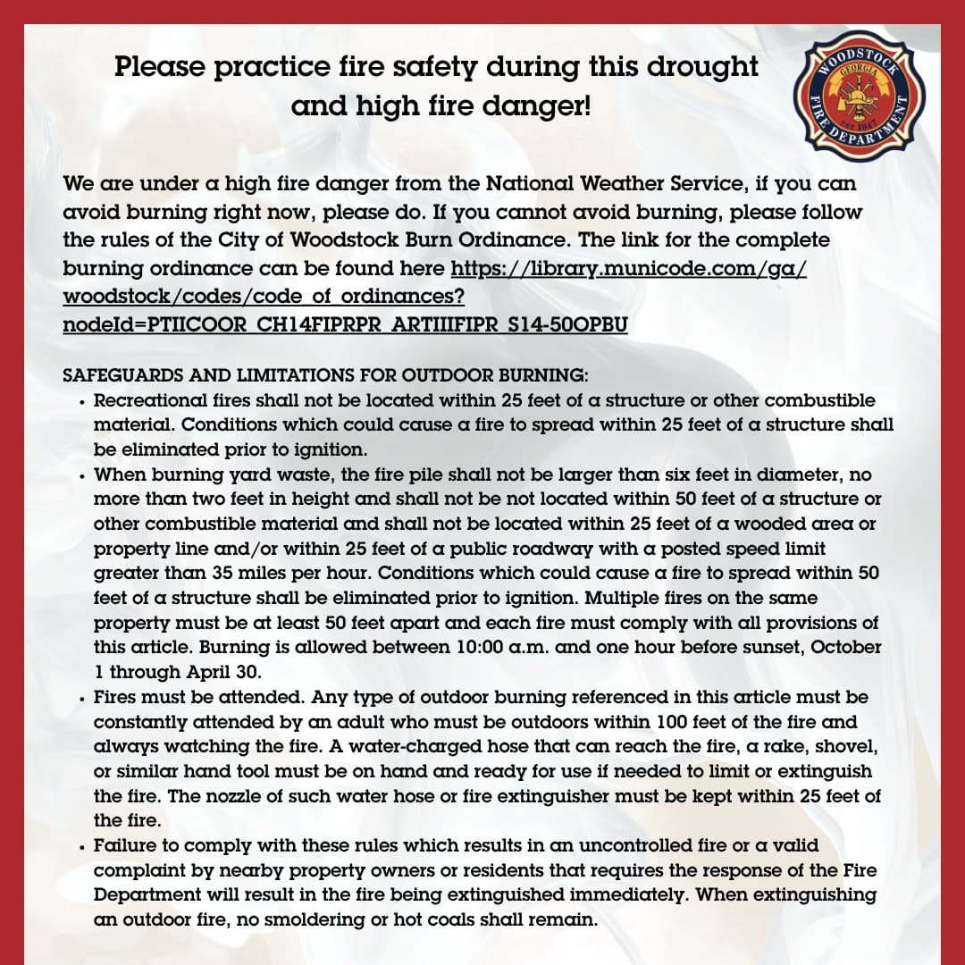 Woodstock Fire Department Warns of High Fire Danger, Reminds Residents of Burn Rules