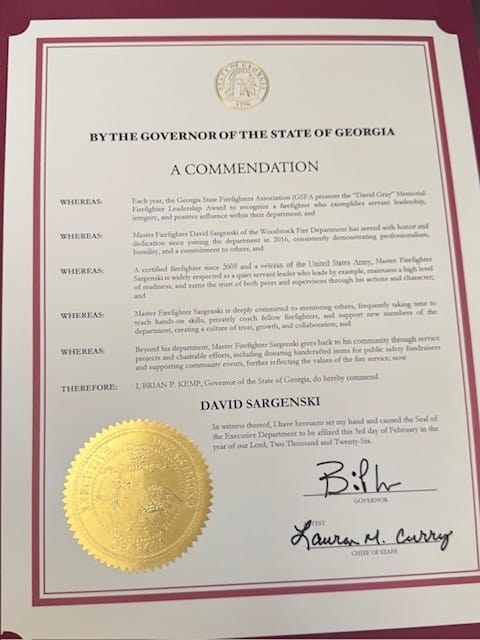 Governor Commends Woodstock Firefighter for Leadership and Service