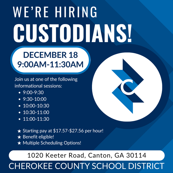 Cherokee County Schools Hosts Custodian Hiring Event Dec. 18